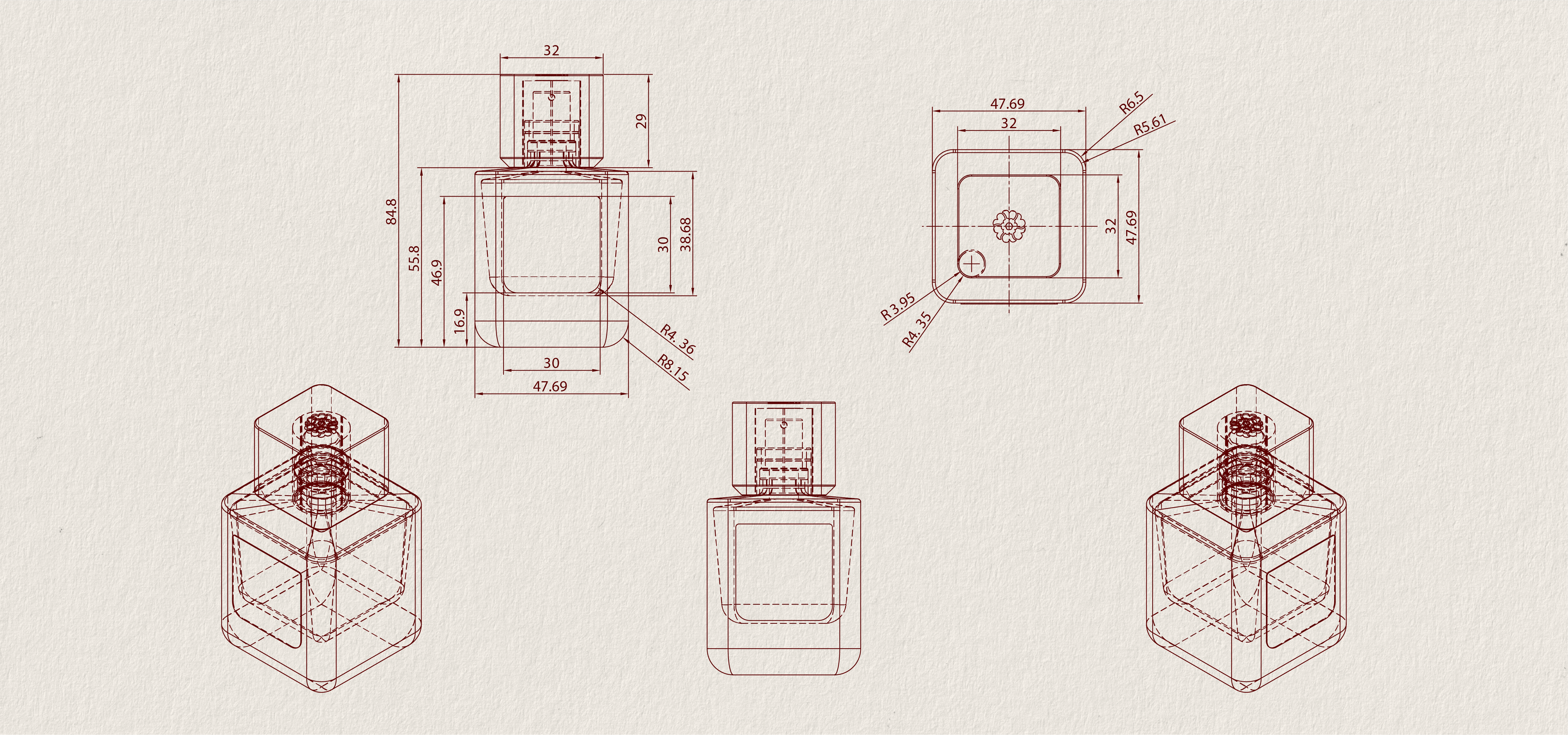 Technical drawing of the Genavian perfume bottle with dimensions on a textured paper with beige colour.