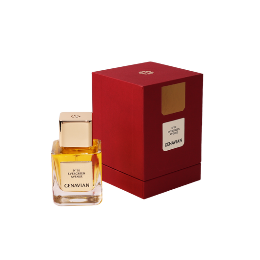 N°10 Evergreen Avenue perfume bottle and red box 
